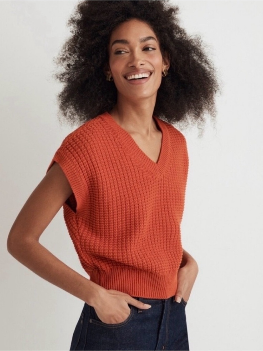 Madewell Orange Knit V-Neck Sleeveless Sweater Vest